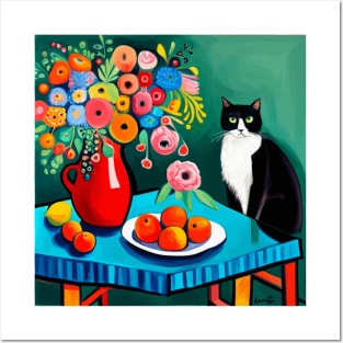 Tuxedo Cat with Fruit and Flowers Still Life Painting Posters and Art